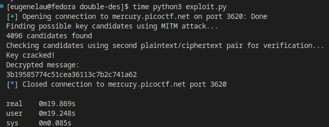 Command line output after running and timing my cracking script. It took approximately 20 seconds for my script to decrypt the flag.