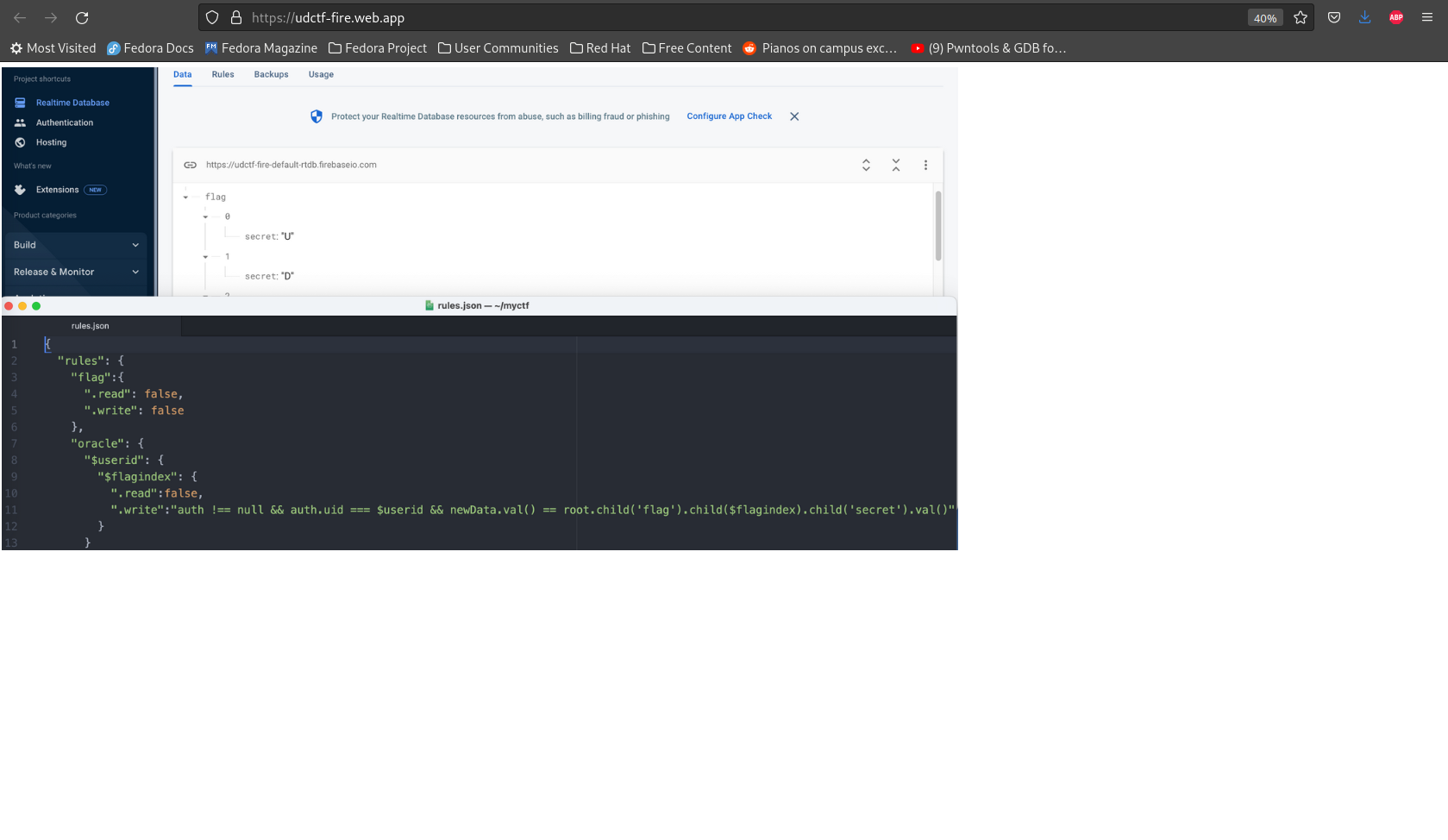 The URL page that the link leads to. It contains two images, one containing the first 2 characters of the flag in some sort of directory structure and one containing the rules.json file
