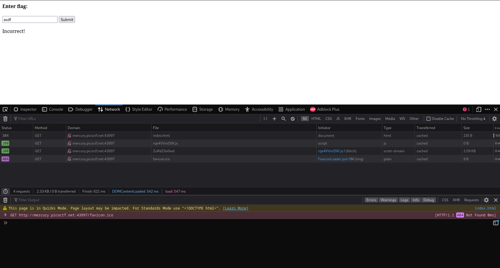 A screenshot of the webpage. A textbox filled with "asdf" and "submit" button are side-by-side on the page, with text saying "Incorrect!" below the two. At the bottom, the developer console is open to the Network tab, indicating that no requests involving the f
form have been made by the browser.