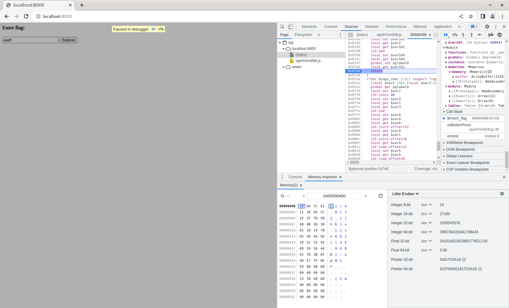 A screenshot of the page. A text input field is filled with the string "asdf", with a submit button next to it. On the side is a developer tools window open, containing two separate tabs: a debugger on the WASM file, and a memory inspector.