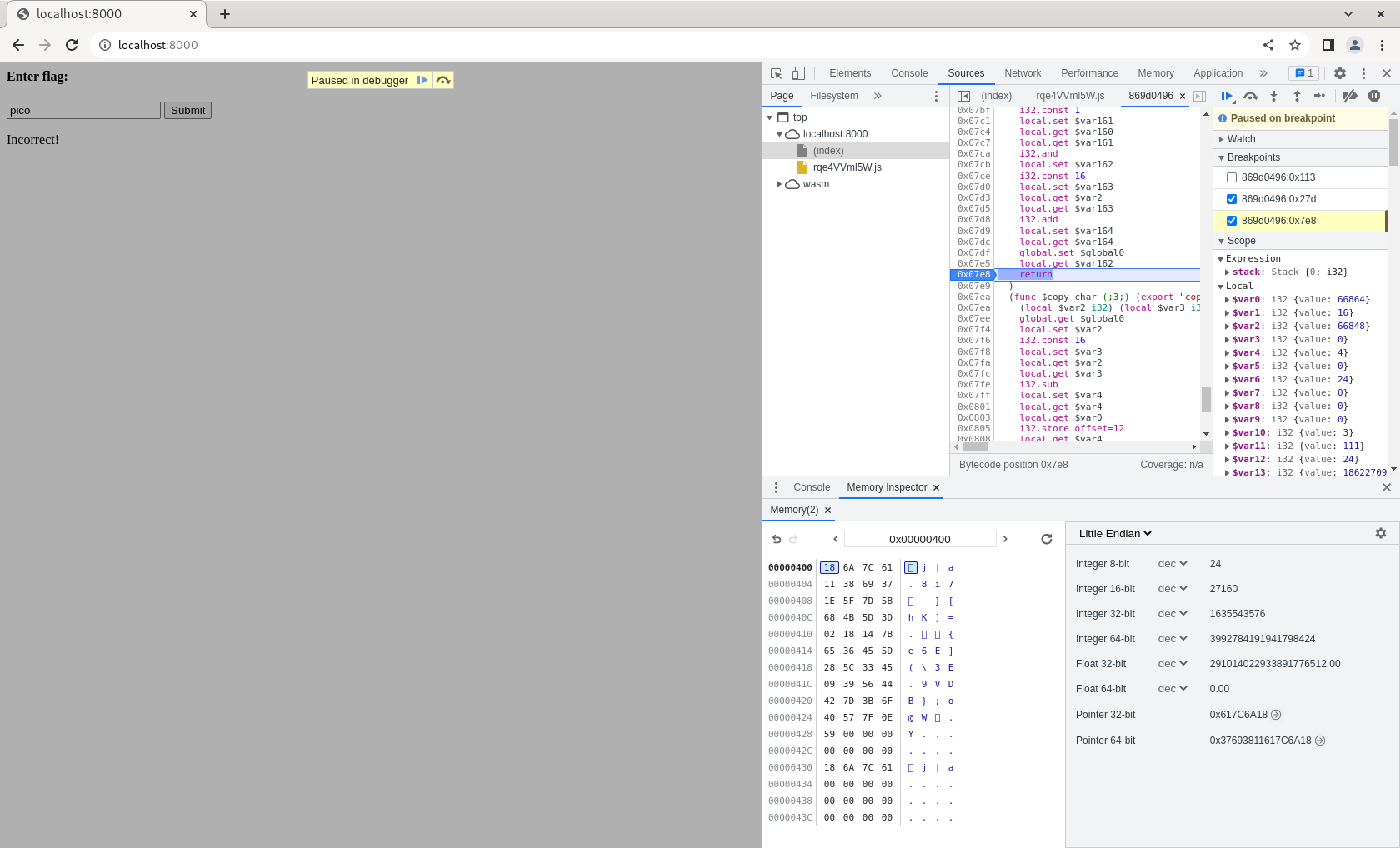 A screenshot of the page. A textinput field is filled with the string "pico", with a submit button next to it. On the side is a developer tools window open to the memory inspector tab. The four characters starting from memory location 1072 matches the four characters starting from memory location 1024.