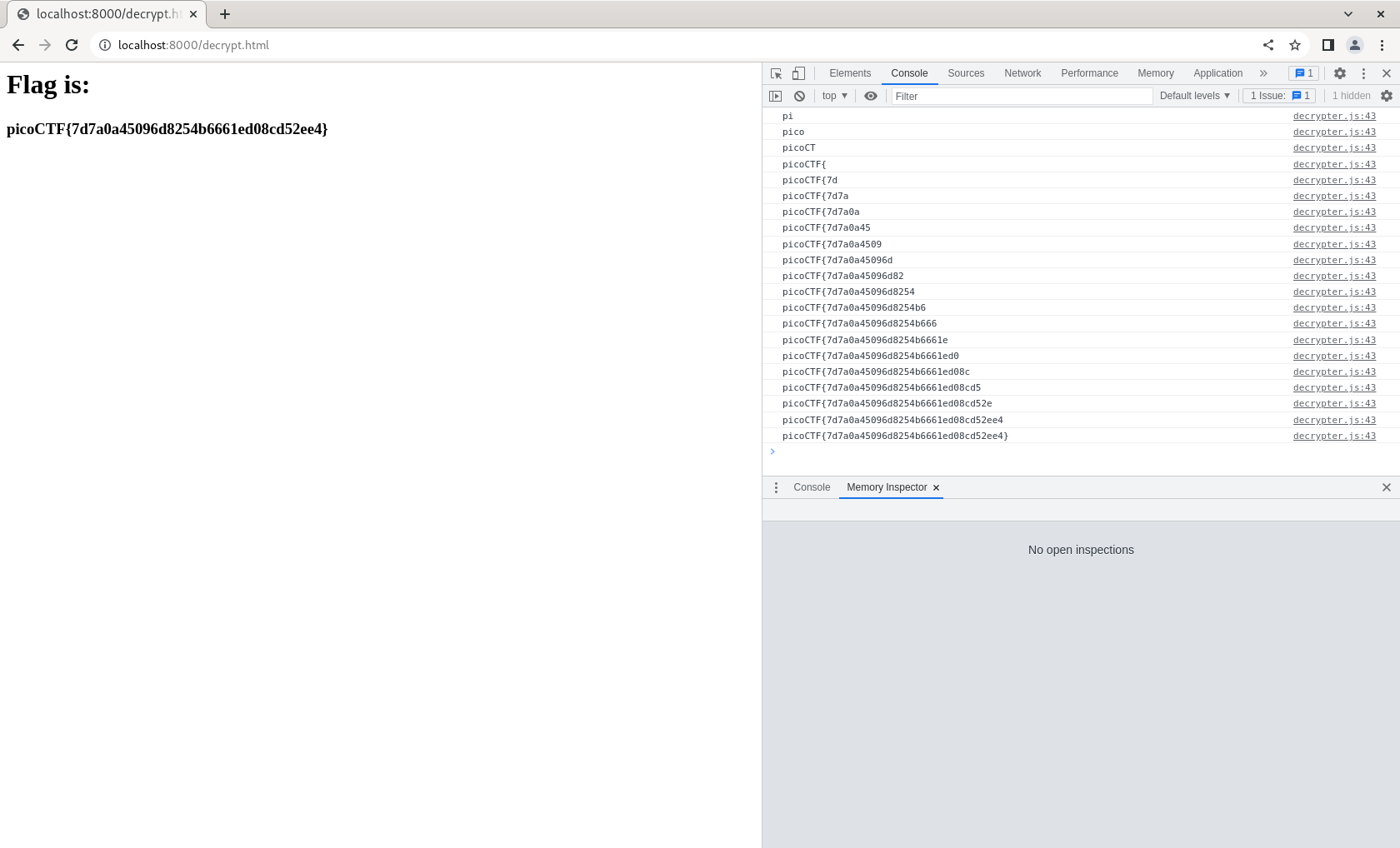 HTML decrypter page containing the text "Flag is:" followed by the flag value found by the brute force cracking scheme.
